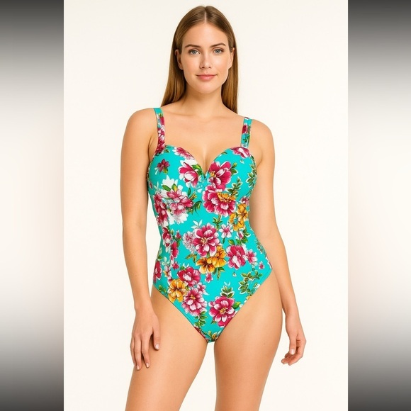 Leilani Push up Swimsuit Turquoise Blue Zinnias Floral women’s 10 multiple ways - Picture 1 of 10